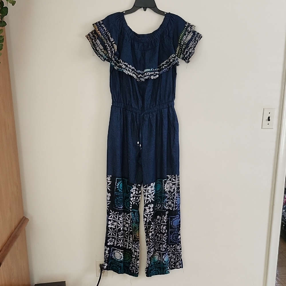 Odeva Off Shoulder Chambray Jumpsuit Patterned Detail Contemporary Shimmy Fun